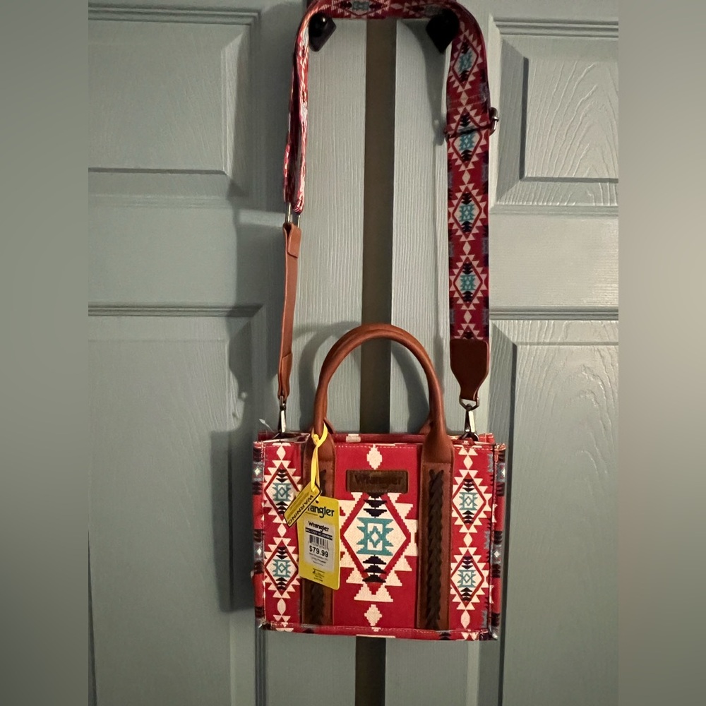 Montana West Wrangler Southwestern Print Mini Canvas Handbag in Burgundy.